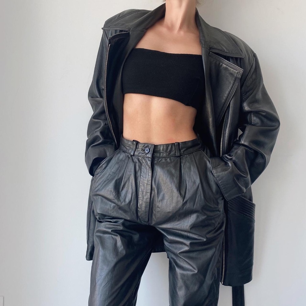 Sleek Black Leather Trench Coat
